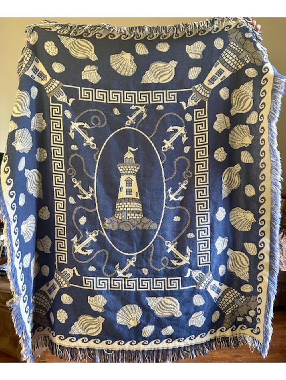 Reversible Nautical Lighthouse and Shell Pattern Throw Blanket